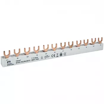 ETI 002921268 koppar-samlingsskena IZ10/L1NL2NL3N/12 för ETIMAT 1P+N, 690V, 63A, gaffeltyp