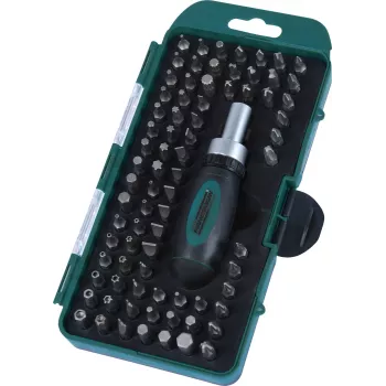 BRÜDER MANNESMANN spärrskruvmejsel- och bitset, 79-delat, 1/4 inch sexkant, kromvanadin, magnetisk, med etui (29894)