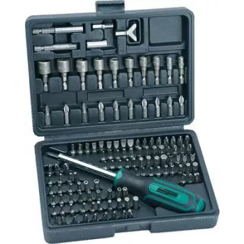 BRÜDER MANNESMANN 122-delat skruvmejsel- och bitset i plastlåda, bits i kromvanadinstål, 1/4 inch sexkantdrift, ergonomiska handtag, magnetisk bithållare, DIN-norm M29896