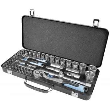 Brüder Mannesmann Q25010 65-delad hylsnyckelsats, 1/4 inch & 1/2 inch fäste, kromvanadinstål, sexkantiga hylsor, omkopplingsbara finförsedda spärrnycklar, i plastlåda