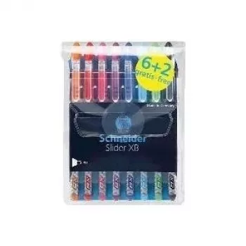 Schneider Slider Basic kulspetspennset - 8 olika färger, extra bred 1,4 mm spets, Viscoglide-teknik, ergonomiskt gummerat grepp, rostfritt stål-clip 151298