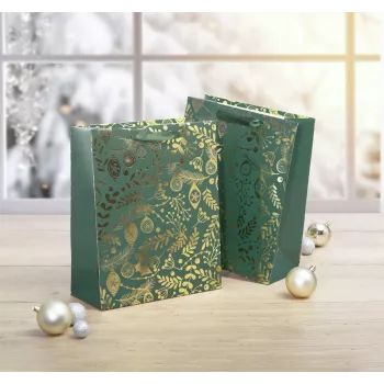 SIGEL GT118 presentpåsar, gyllene ornament på grönt, 26 x 32 cm, 5-pack