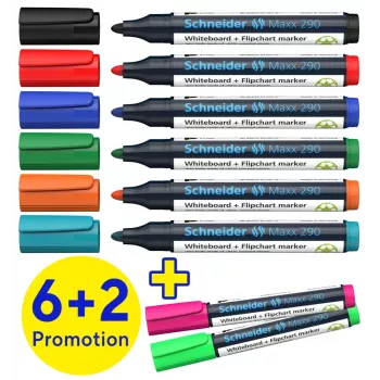 Schneider Maxx 290 whiteboard- och flipchartpennor 8-set olika färger, rund spets 2,0-3,0 mm 129098