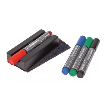 SIGEL BA151 whiteboard-tillbehörsset, 4 torrtorkade markörer, magnetiskt suddgummi, magnetisk markörhållare, rengöringsspray 50 ml, 10 rengöringsdukar, svart