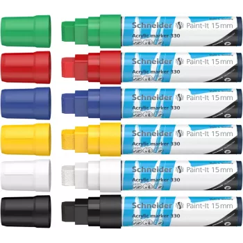 Schneider Paint-It 330 V1 akrylmärpennor set, 6 olika färger, 15 mm kilspets 120396