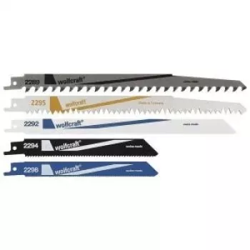 Wolfcraft 3599000 Reciprocating Saw Blade Set, 5-Piece, HCS & Bi-Metal, 150/230 mm, 6/18 TPI, Universal 1/2 inch Shank
