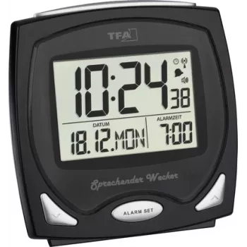 TFA Dostmann Radio-Controlled Alarm Clock Black with Fluorescent Dial 60.2541.01