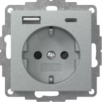 Gira System 55 SCHUKO-uttag med USB A/C-laddare, aluminium 245926