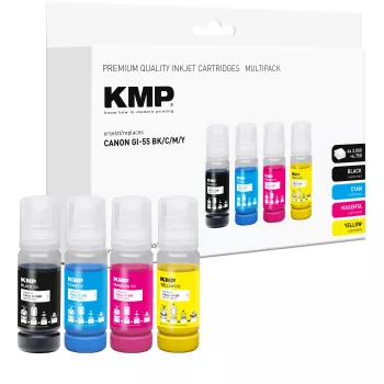 KMP påfyllningsbläck-set för Canon GI-55BK/C/M/Y, 4x70 ml kombipack (svart, cyan, magenta, gul) 1587,0005