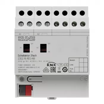 Jung KNX ställdon, 2-kanalig, 16 A, 230 V AC, DIN-skena, 2 TE 2302.16REGHM