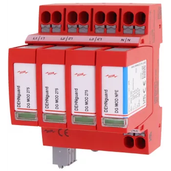 DEHN DEHNguard MP TT 275 FM typ 2 överspänningsavledare, 4-polig, 275 V AC, DIN-skenemontage, med fjärrkontakt 942315