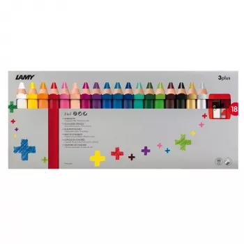 LAMY 3-in-1 färgpennor 3plus, 18-delat set i kartongetui – akvarell, vaxkrita och färgpenna i ett 1223549