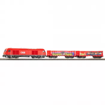 PIKO 57033 H0 barn startset ÖBB godståg Rh 2016 med två öppna Eaos-vagnar
