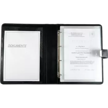 JÜSCHA Alassio A4 Document Folder with Ring Mechanism, Faux Leather, Black, 5 Document Sleeves 31514