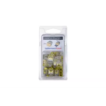 HellermannTyton HelaCon Plus Mini HCPM-2 push-in-koppling, 2-polig, 0,5-2,5 mm², transparent/gul, 20-pack 148-90054