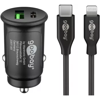 Goobay dual-USB bilsnabbladdarset Lightning 27 W - USB-C och USB-A billaddare med USB-C till Lightning-kabel 72166