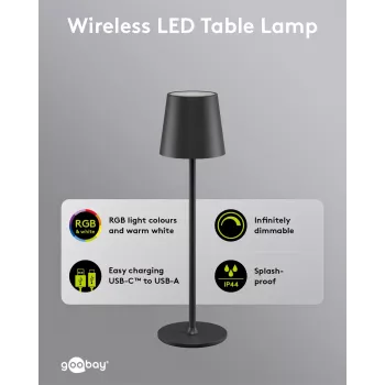 Wentronic Goobay trådlös LED-bordslampa, storlek M, 38 cm, RGBW, svart (76569)