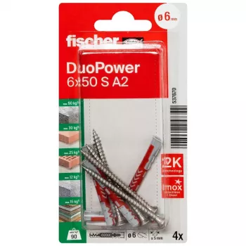 Fischer DuoPower 6 x 50 S A2 K NV universalplugg med skruv A2, 1 set (537670)