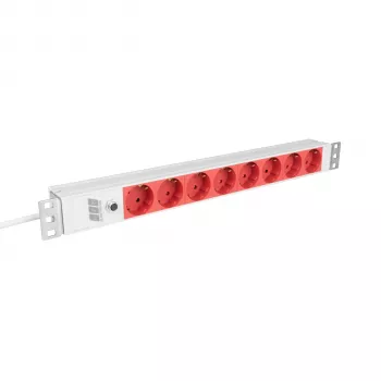 EFB Elektronik EK631CD.1GRV2 19-tums 1U rackmonterad uttagslist, 8x CEE 7/3 röda uttag, IEC C14-ingång, 10A överbelastningsskydd, grå