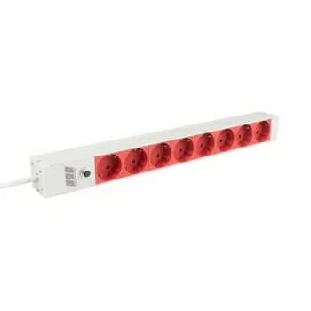 EFB Elektronik EK631CD.1GRV2 19-tums 1U rackmonterad uttagslist, 8x CEE 7/3 röda uttag, IEC C14-ingång, 10A överbelastningsskydd, grå