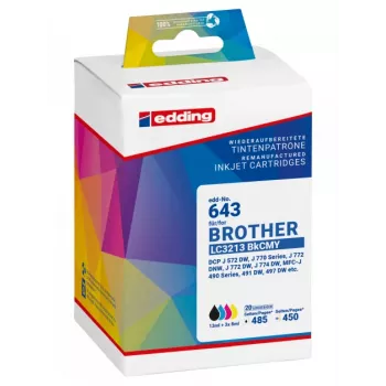 Edding 18-643 kompatibla bläckpatroner multipack för Brother LC3213-serien – svart, cyan, magenta, gul (4-pack)
