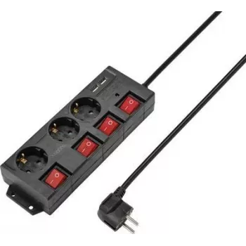 Sygonix RF-4737788 grenuttag med strömbrytare, 6 Schuko-uttag, 1,5 m kabel, svart