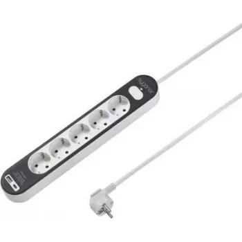 SYGONIX SY-4755368 grenuttag med strömbrytare, 6 Schuko-uttag, 1,5 m kabel, vit/grå