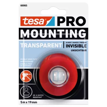 tesa Montage PRO transparent 66965-00001-00 dubbelhäftande akrylskummonteringstejp, 5 m x 19 mm, håller upp till 10 kg/m, UV- och fuktbeständig, för inom- och utomhusbruk
