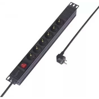 Sygonix SY-6736978 19 inch 1U rackmonterat grenuttag, 6 Schuko-uttag, 2 m kabel, svart