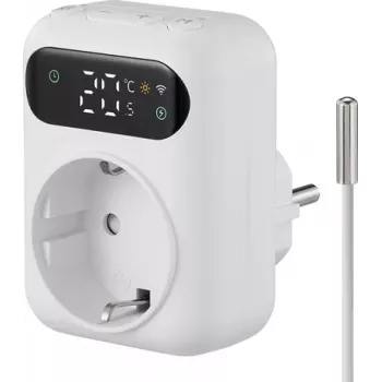 Sygonix SY-6824096 mellanpluggstermostat med veckoprogram, 16 A, 3680 W, LCD, frostskydd, barnsäkring, vit