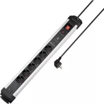 Sygonix SY-6805674 6-fack överspänningsskyddat grenuttag med strömbrytare, Schuko, 1,5 m kabel, svart/silver