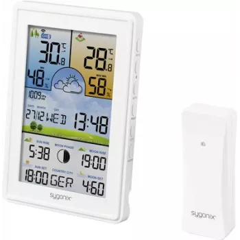 Sygonix SY-5509564 digital väderstation med 12–24 timmars prognos, DCF-klocka, inomhus-/utomhustemperatur och luftfuktighet, månfas, frostvarning, 3-kanals sensorsupport
