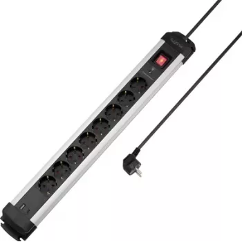 Sygonix SY-6807134 8-fack överspänningsskyddat grenuttag, svart/silver, 1,5 m kabel