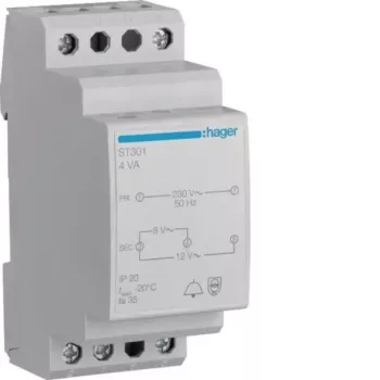 Hager ST301 ringklocketransformator 230V till 8V/12V AC, 0,5A, DIN-skena