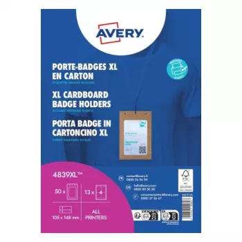 Avery 4839XL namnbrickhållarset med nyckelband, A6, 105 x 148 mm, 50 set, blå nyckelband