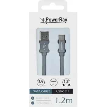 PowerRay datakabel PR-DCUC120TGY USB-A till USB-C 1,2 m textilgrå flätad snabbladdning & 5 Gbps datasynkronisering