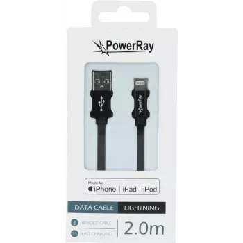 PowerRay PR-DCUL200TBK MFi-certifierad USB-A till Lightning flätad kabel, 2 m, svart