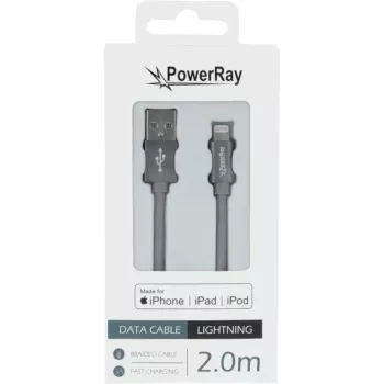 PowerRay PR-DCUL200TGY MFi-certifierad USB-A till Lightning flätad kabel 2 m textilgrå