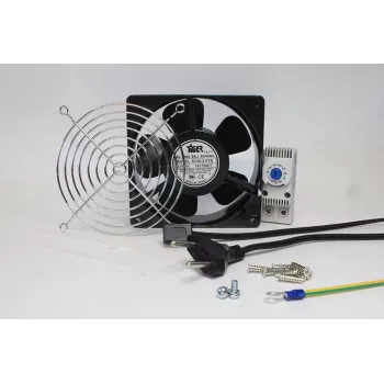 IT-BUDGET komplett set IT-skåpfläkt med termostat - 160 m³/h luftflöde - 230 V - 1 fläkt, skyddsgaller, kabel, termostat, skruvar (90ITBLUESET1T)
