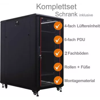 IT-BUDGET 19 inch serverskåp SRK komplettset, 27HE, 600x1000 mm, glas-/ståldörr, 4 fläktar, PDU, hyllplan, förmonterat, svart 99ITB19SRK27610GSM