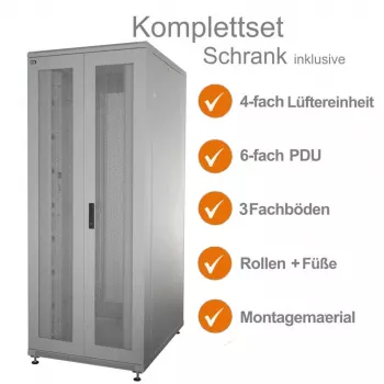IT-BUDGET 19 inch serverrack SRK komplettset - 42U - BxT 800x1000 mm - perforerade dubbla dörrar fram + bak - 4 aktiva fläktar - PDU - hyllplan - monterat - ljusgrå 99ITB19SRK42810DTGM