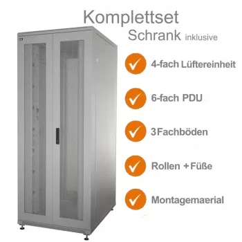 IT-BUDGET 19 inch serverrack SRK komplettset - 42U - BxT 800x1000 mm - perforerade dubbla dörrar fram + bak - 4 aktiva fläktar - PDU - hyllplan - monterat - ljusgrå 99ITB19SRK42810DTGM