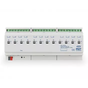 MDT AKI-1216.04 KNX belysningsaktor, 12-kanal, 12 TE DIN-skena, 16/20 A, 230 V AC, kapacitiv last 200 µF