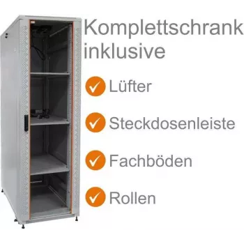 IT-BUDGET 19 inch nätverksskåp SRK komplettset 38U 600x600mm glas-/ståldörr 4 fläktar PDU hyllplan flatpack ljusgrå 90ITB19SRK3866GG