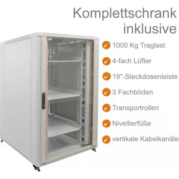 IT-BUDGET 19 tums serverrack SRK komplett set - 27U - 800x1000 mm - glas-/massivdörr - 4 aktiva fläktar - PDU - hyllor - monterat - ljusgrå 99ITB19SRK27810GGM