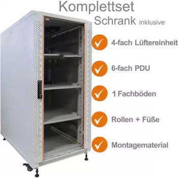 IT-BUDGET 19 inch nätverksskåp SRK komplettset - 18U - 600x600 mm - glas-/ståldörr - 4 aktiva fläktar - PDU - hyllplan - förmonterat - ljusgrå 99ITB19SRK1866GGM