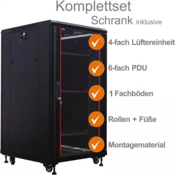 IT-BUDGET 19 inch nätverksskåp SRK komplett set - 18U, 600x800 mm, glasdörr fram, ståldörr bak, 4 aktiva fläktar, PDU, hyllor, förmonterat, svart 99ITB19SRK1868GSM