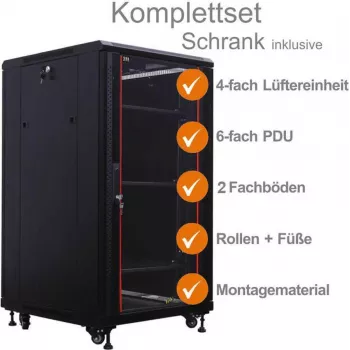 IT-BUDGET 19 inch nätverksskåp SRK komplettset 22U 600x600 mm glas-/ståldörr 4 fläktar PDU hyllor flatpack svart 90ITB19SRK2266GS