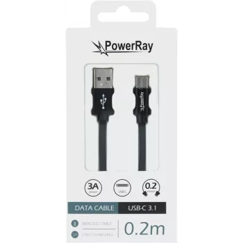 PowerRay PR-DCUC020TBK USB-A till USB-C data- och laddkabel, 0,2 m, textil svart, blister