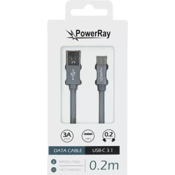 PowerRay datakabel PR-DCUC020TGY, USB-A till USB-C, 0,2 m, textilgrå, blister